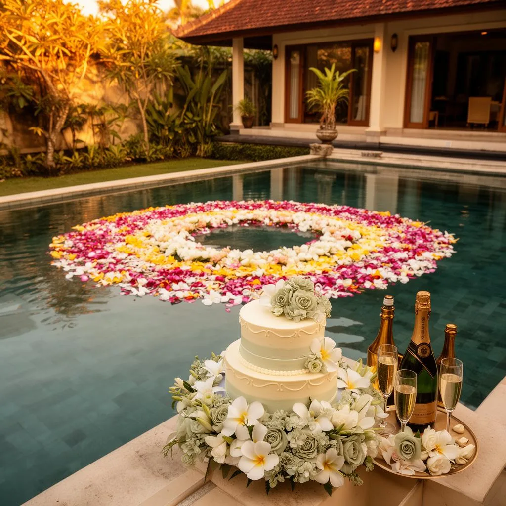A flower-petal pool with a tasteful floral celebration arrangement, a cake and champagne styled at the pool edge of a Balinese villa in warm festive golden light.