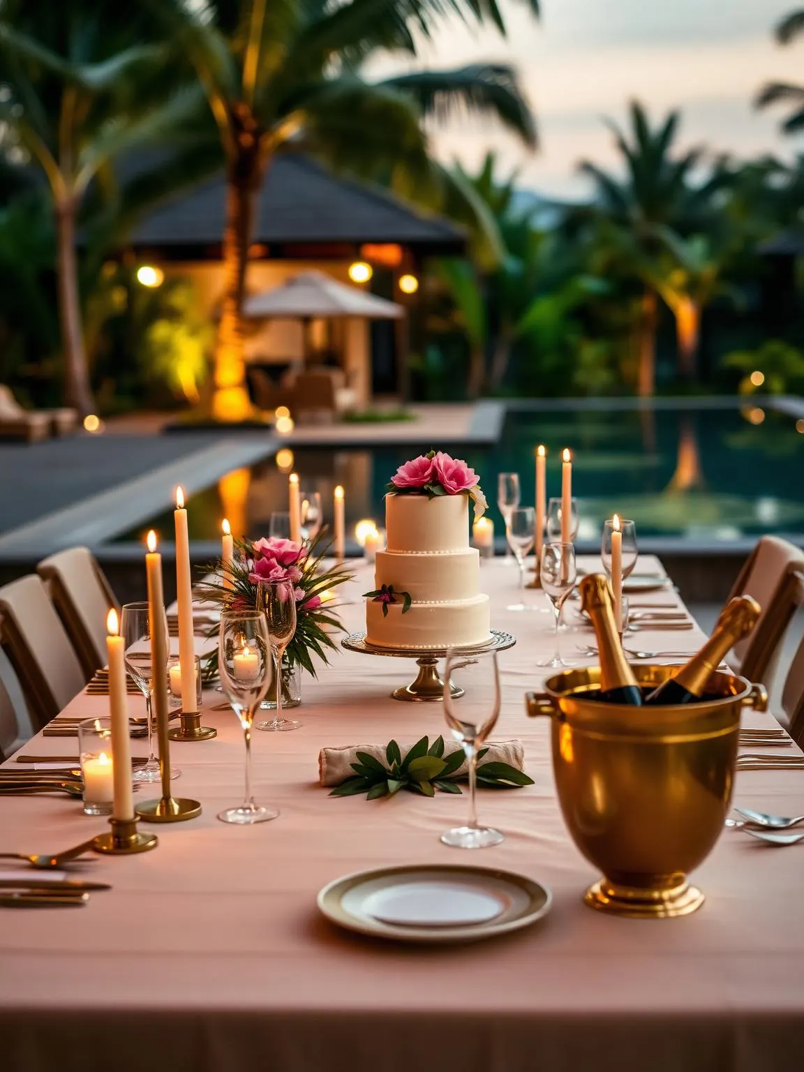 An elegant Balinese villa celebration table at dusk: a long candlelit table set with cream linen and brass cutlery, a single-tier cake with fresh flowers at the centre and a brass ice bucket with champagne, palms and pool softly behind.