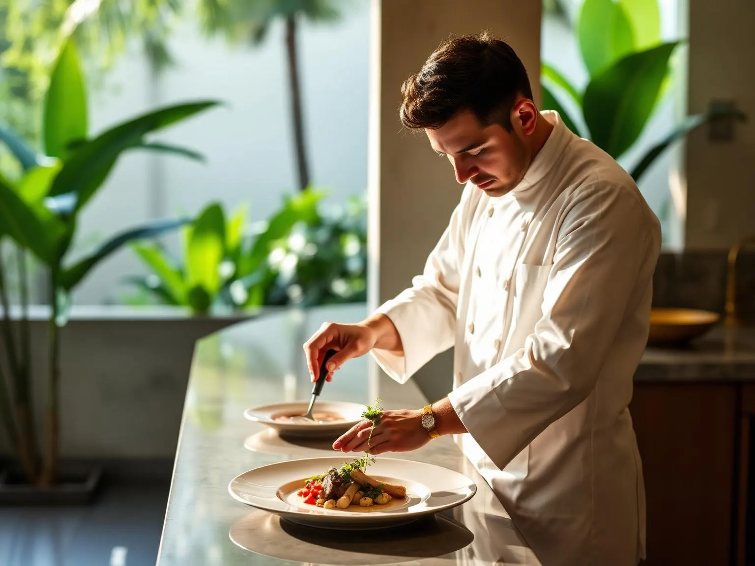A Balinese private chef in cream chef's whites plating a beautifully composed dish on a polished stone counter inside a luxury villa kitchen, warm golden light on the hands and food, tropical greenery softly behind.