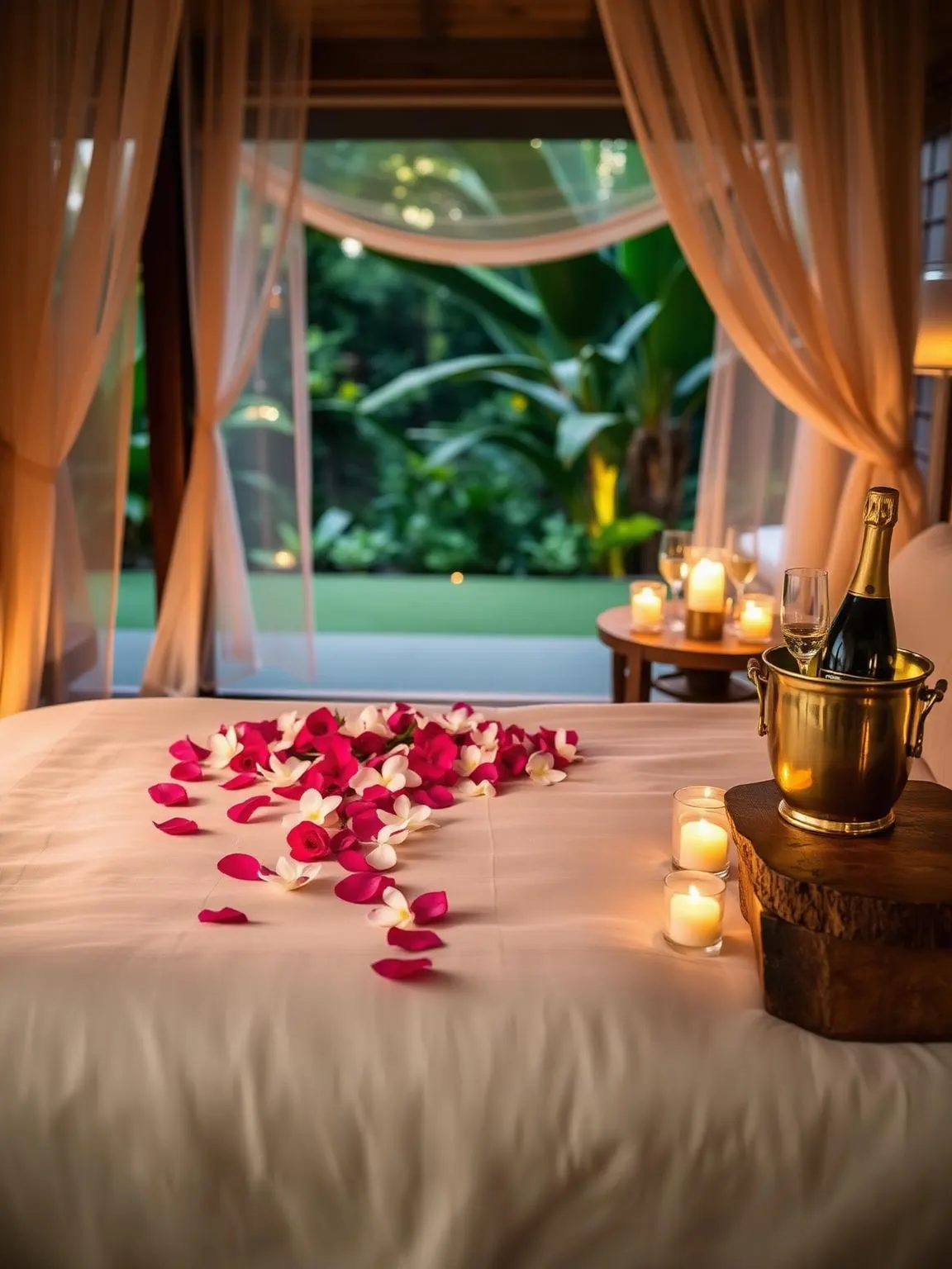 A romantic Balinese villa bedroom at dusk with frangipani and rose petals strewn across cream linen, candlelight glowing and a brass ice bucket with champagne and two flutes nearby.