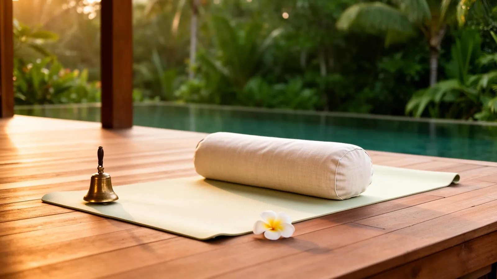 A rolled cream yoga mat, linen bolster, brass bell and frangipani flower on a teak villa deck overlooking tropical greenery at soft morning light.