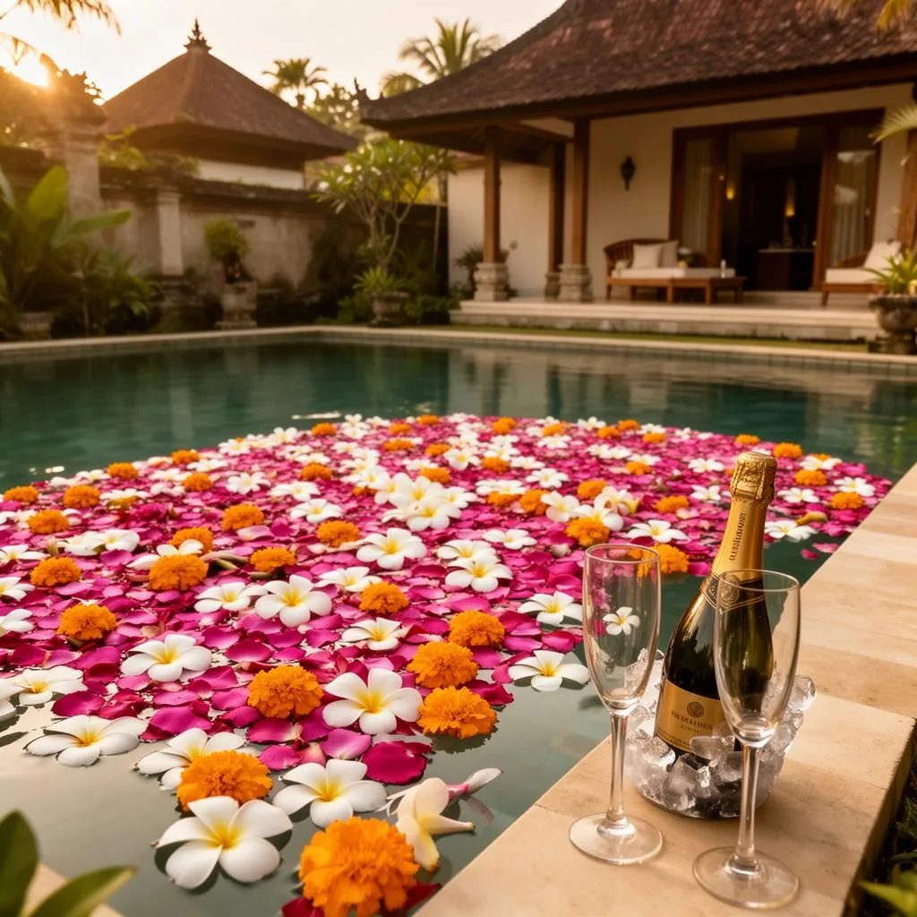 A private Balinese villa pool covered in fresh frangipani, rose and marigold petals in an elegant arrangement, champagne on ice with two flutes at the pool edge in warm golden-hour light.