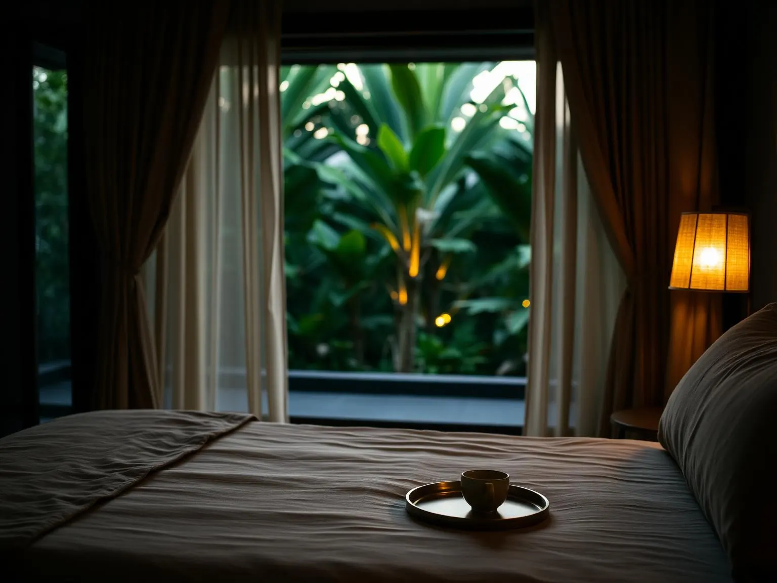 A serene Balinese villa bedroom at dusk with a low linen bed, a soft warm bedside lamp glowing, sheer curtains and tropical greenery softly blurred outside.