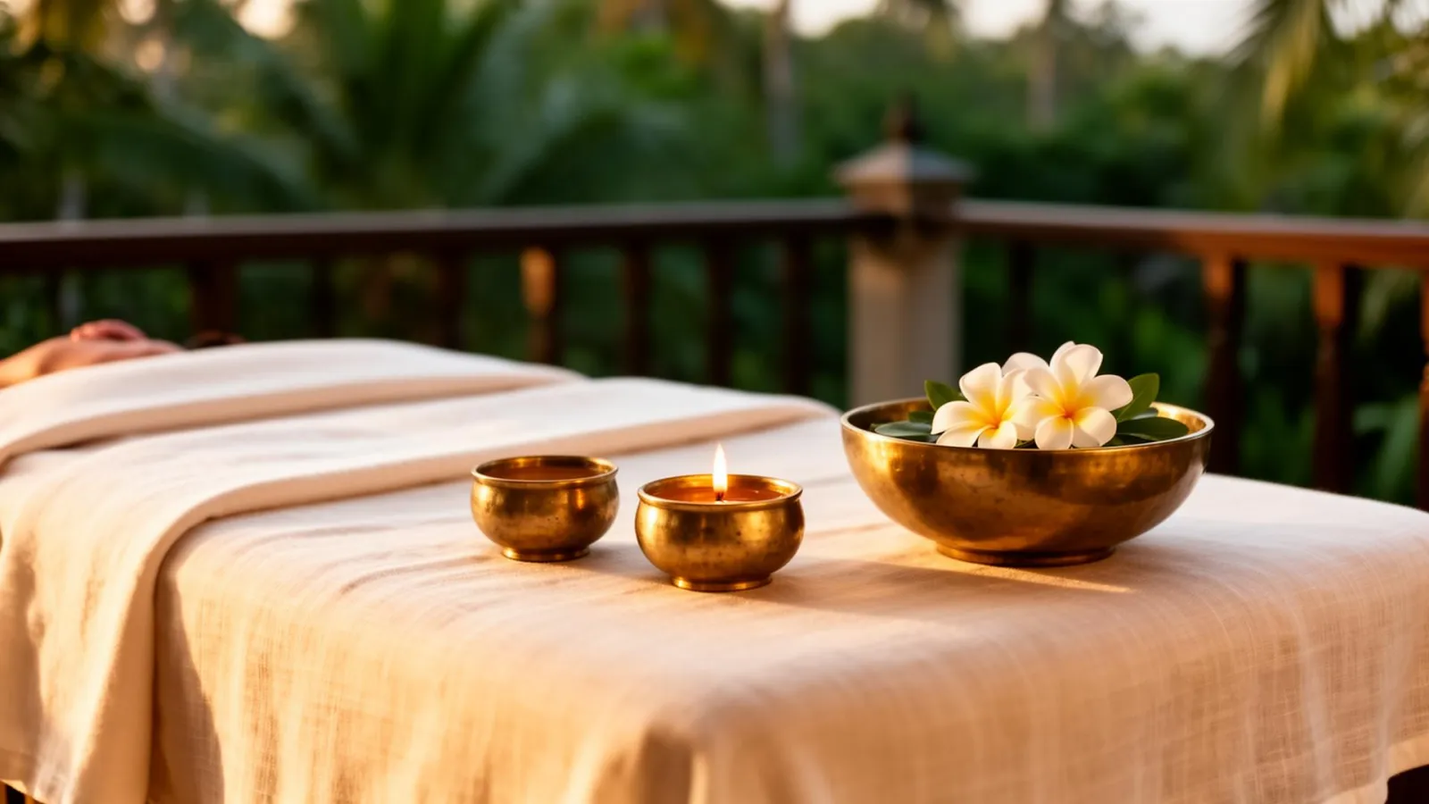Cream linen massage bed on a private Balinese villa terrace with brass bowls of warm oils and frangipani flowers in golden light.