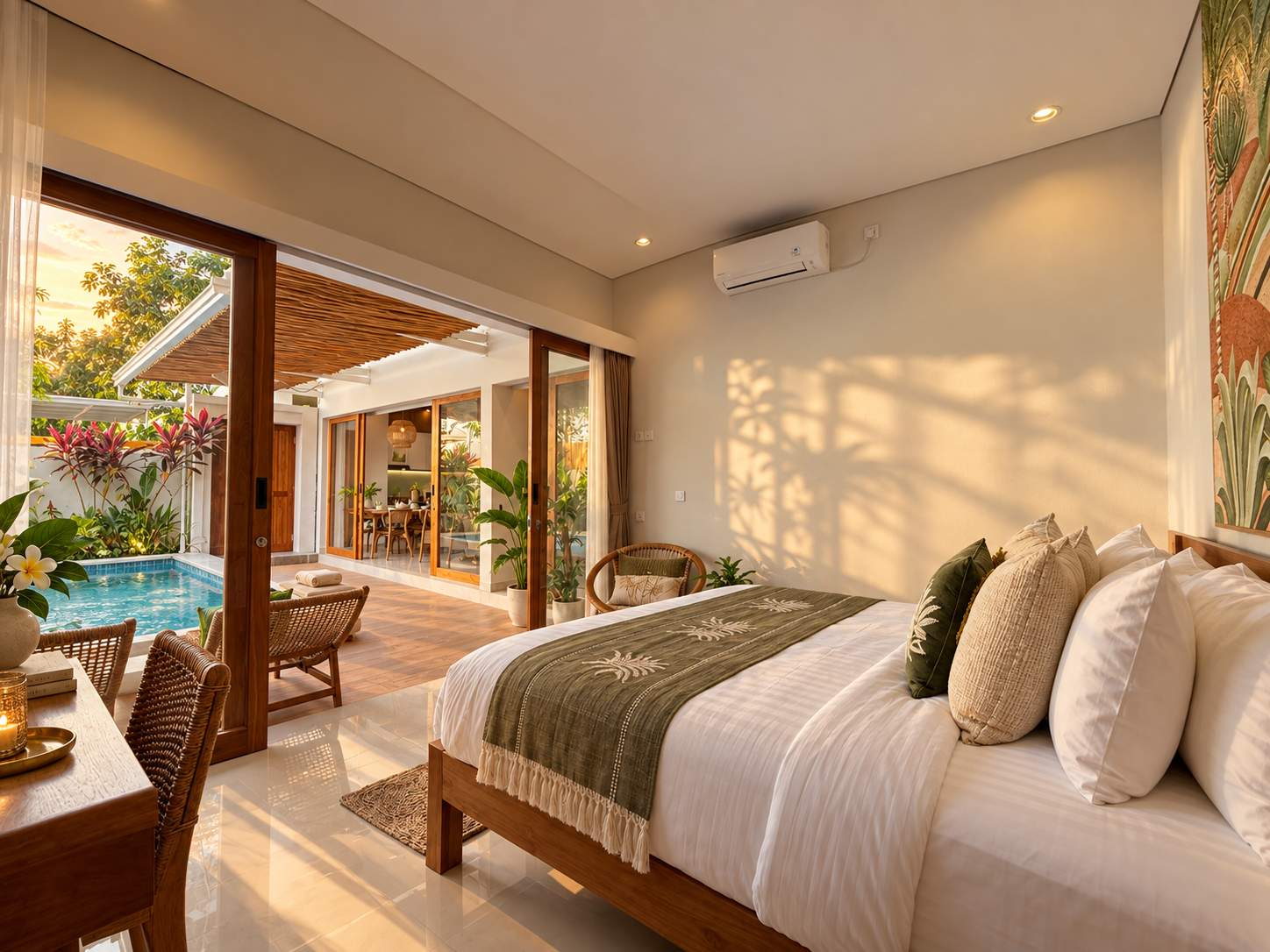 Air-conditioned king ensuite bedroom at Villa Kenanga, Babakan, Canggu, with hotel-quality linens and glazed doors looking onto the pool terrace