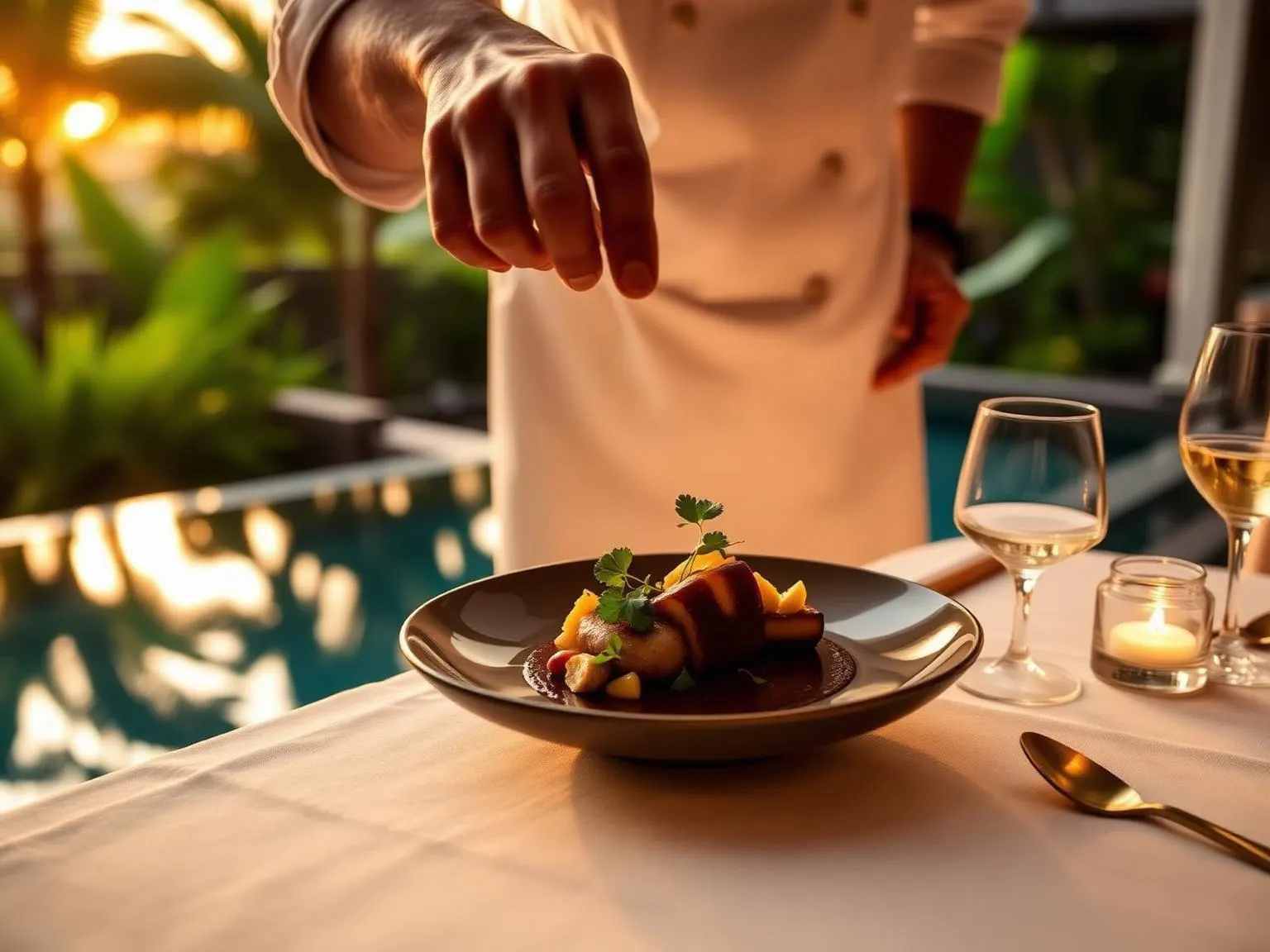 A chef's hand finishing a beautifully plated course on a candlelit villa dinner table at golden hour, cream linen, brass cutlery and a glass of wine, infinity pool and tropical greenery softly blurred behind.