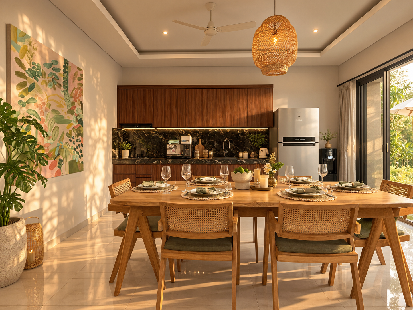 Equipped kitchen and dining area for six at Villa Jasmine in Babakan, Canggu
