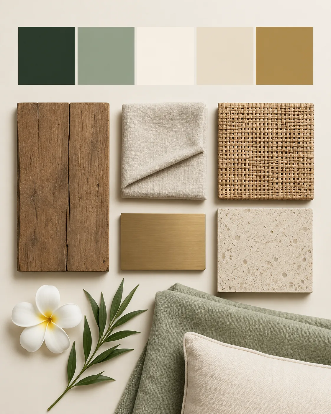 Luxury material palette with wood, brass, linen and frangipani flower
