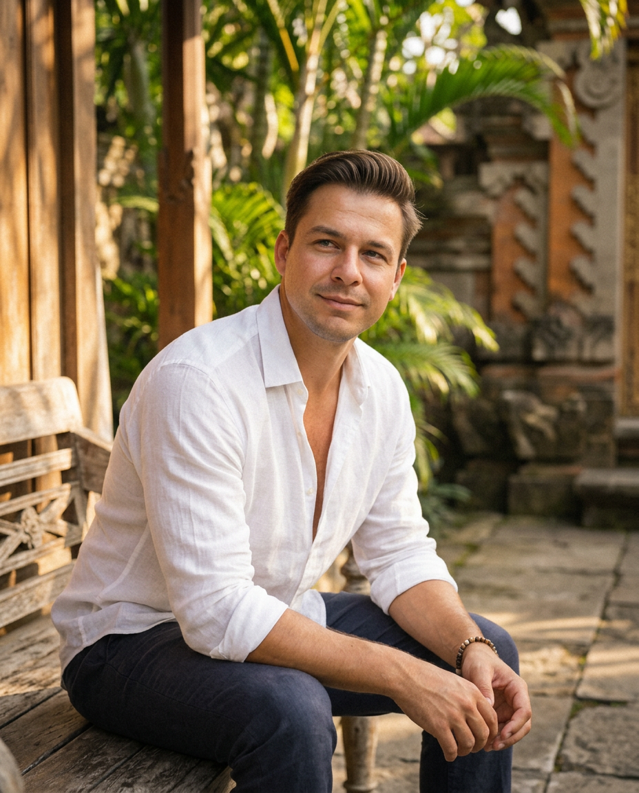 William Donaldson, founder of DVH Global Holdings, on a villa terrace in Bali