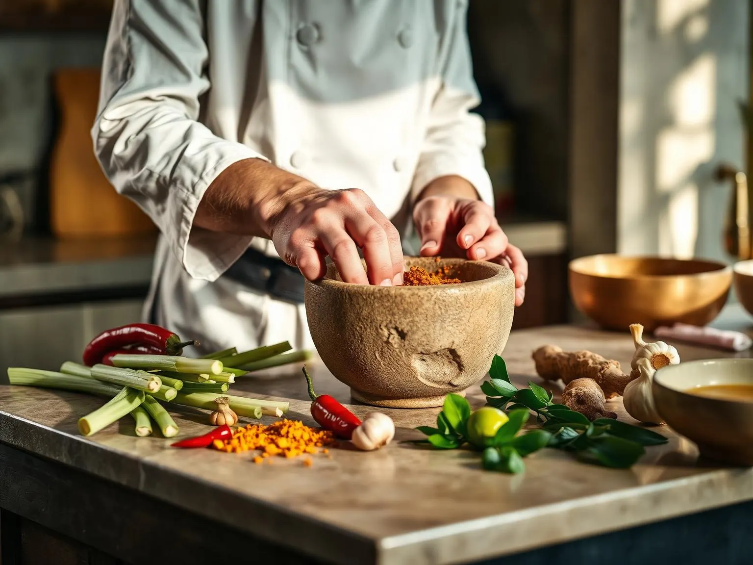 A Balinese chef's hands grinding fresh spice paste in a traditional stone mortar on a rustic villa kitchen counter surrounded by lemongrass, red chillies, turmeric, garlic and kaffir lime leaves in warm golden side light.