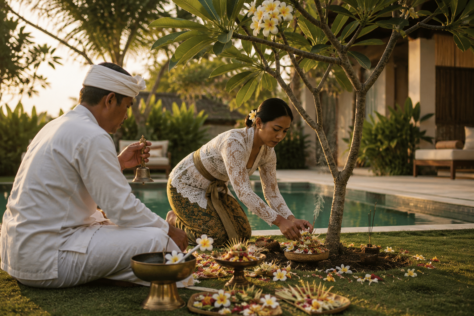 A traditional Balinese blessing ceremony beside a newly planted frangipani tree in a Nusa Havens villa garden