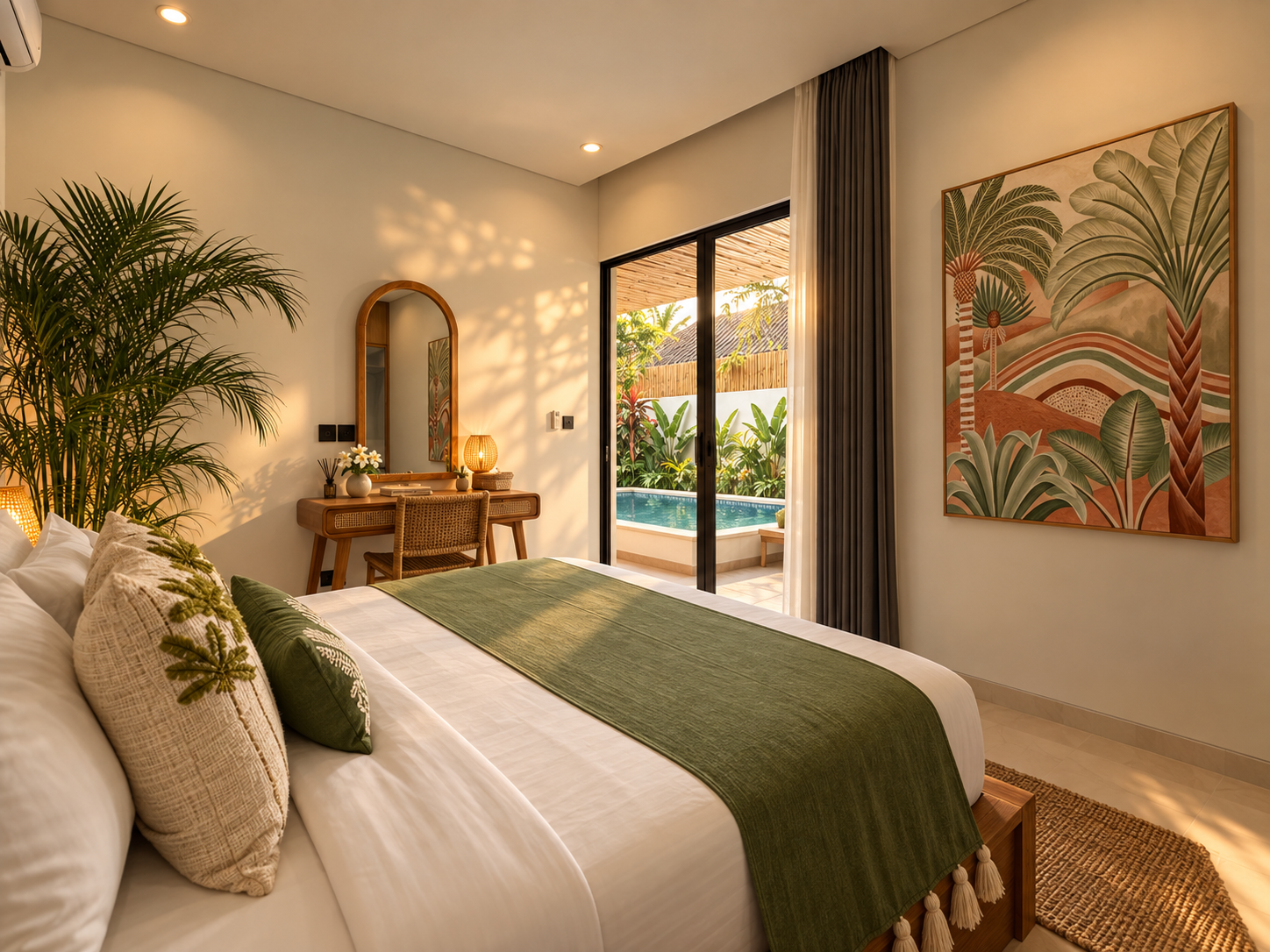 Second air-conditioned king bedroom overlooking the private pool at Villa Cempaka in Babakan, Canggu
