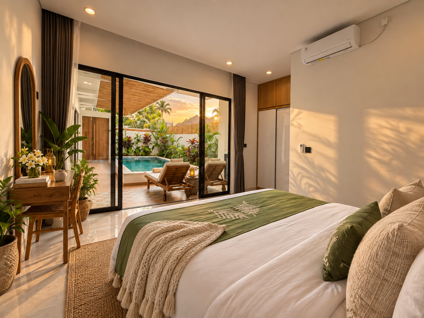 First air-conditioned king bedroom opening to the pool terrace at Villa Cempaka in Babakan, Canggu