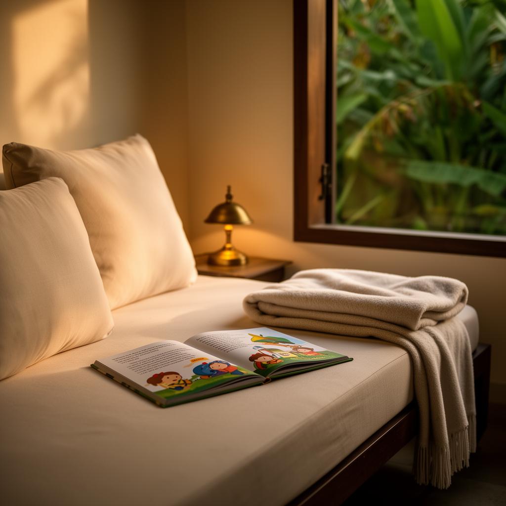 A soft, quiet cozy corner inside a Balinese villa at warm evening light with plush cream cushions, a folded blanket and a children's book open on a low daybed, a small brass lamp glowing gently.