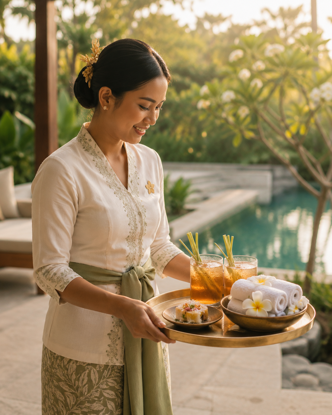 A Nusa villa hostess in a soft kebaya carrying a brass tray with chilled lemongrass iced tea, rolled towels and a frangipani blossom beside a villa pool at golden hour.