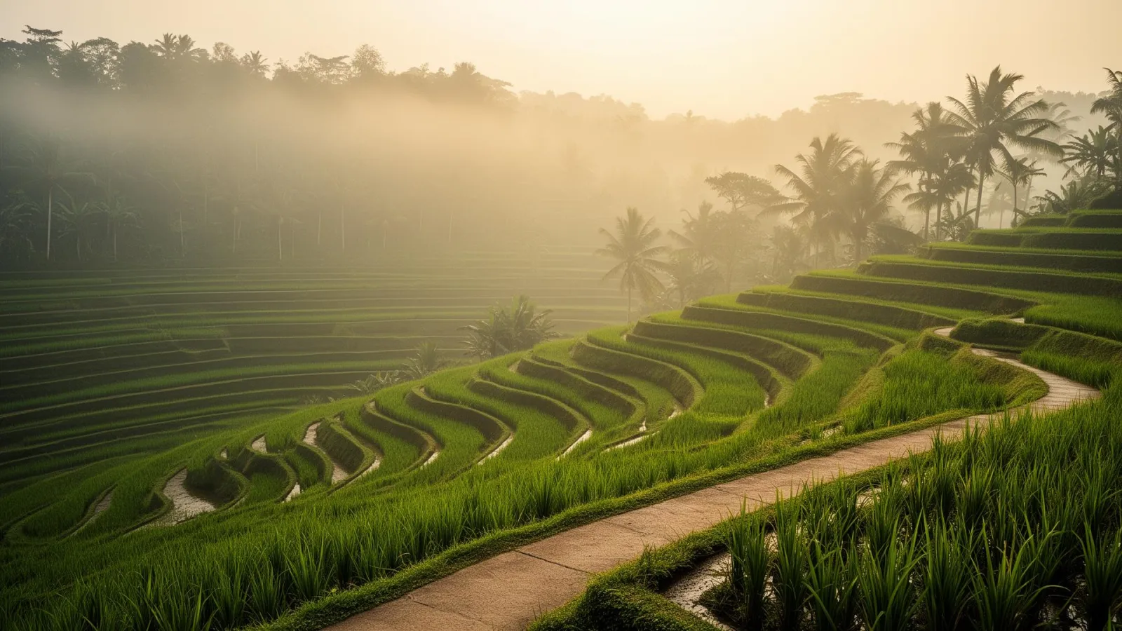A quiet path winding through working Balinese rice terraces in early morning mist.