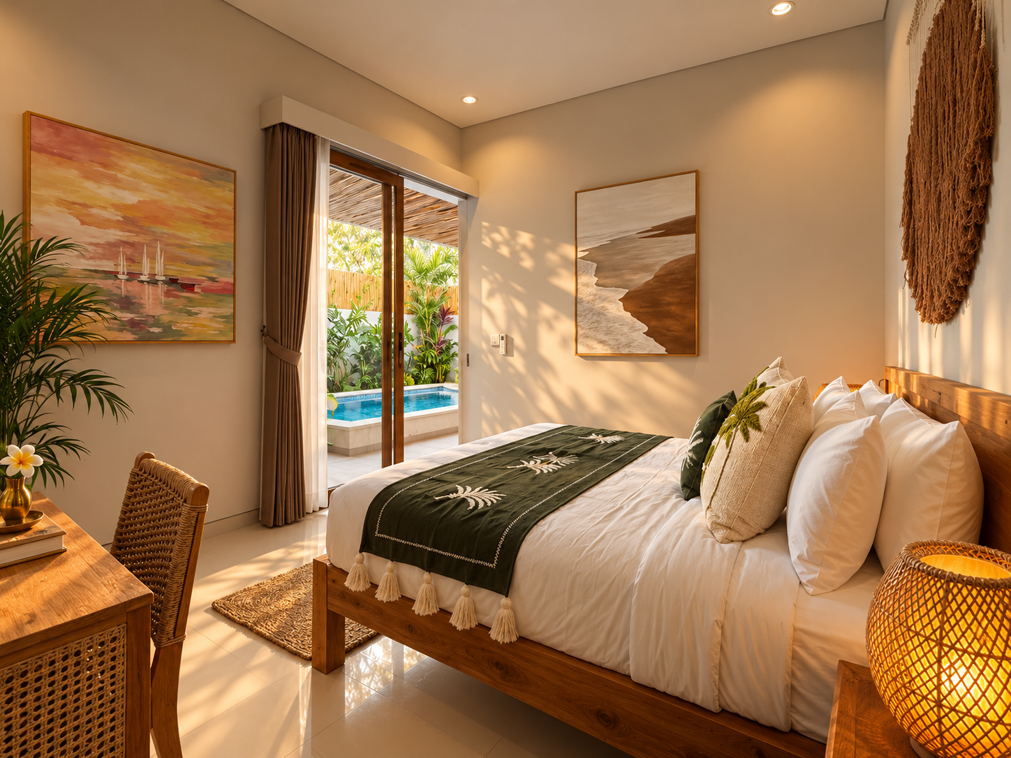 Second king ensuite bedroom at Villa Kenanga, Babakan, Canggu, with a king bed and glazed doors looking straight out to the pool