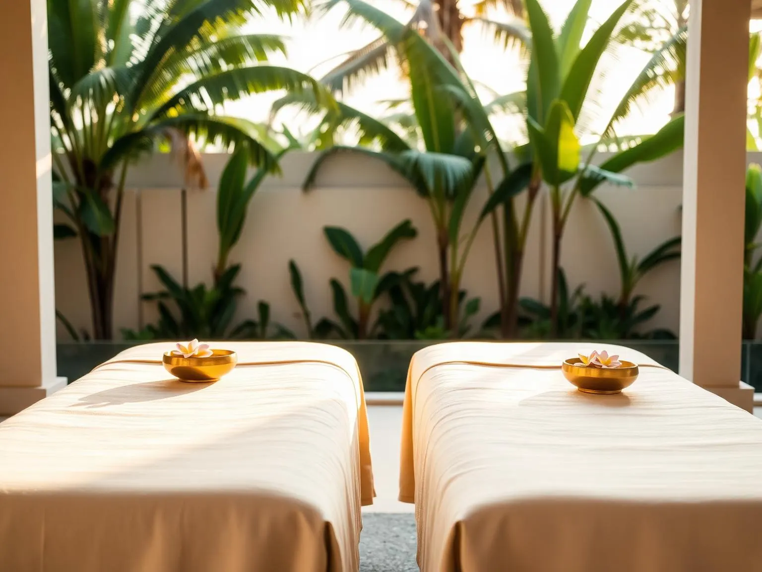 Two cream linen massage beds side by side on a private Balinese villa terrace at golden hour, each with a brass bowl of frangipani flowers, palms behind.