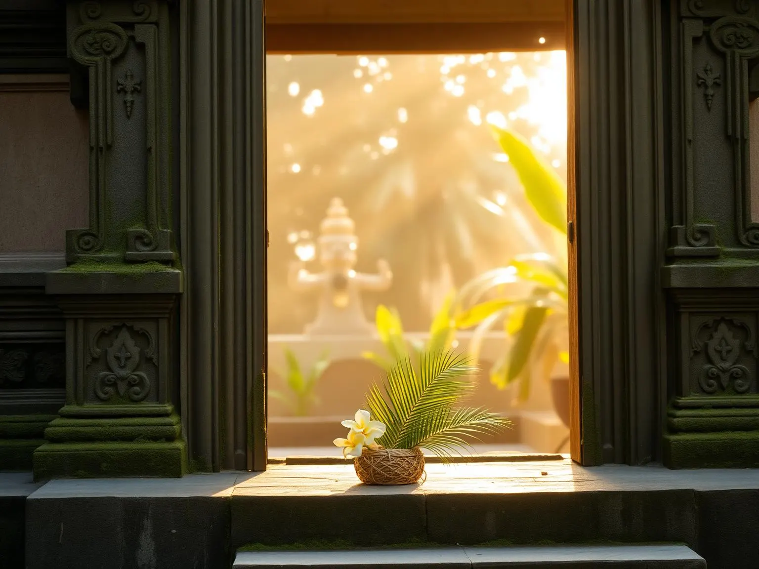A quiet ancient Balinese stone temple at soft early morning light, mossy carved gates and a small woven offering of frangipani on the step.