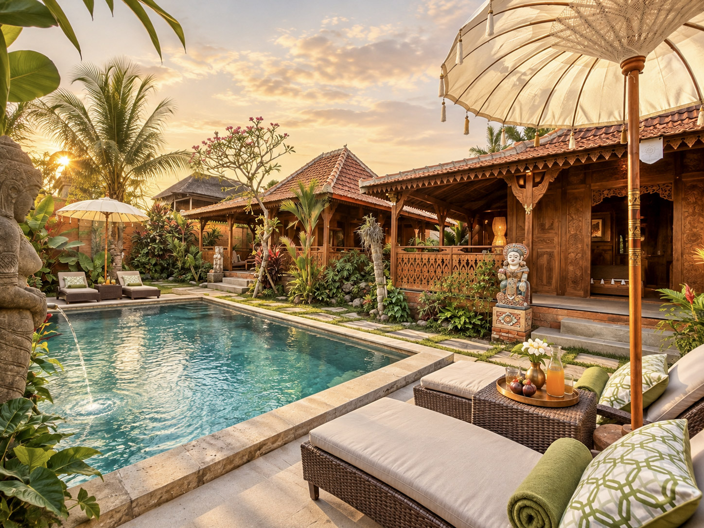 Private pool and richly planted garden between the joglo pavilions at Villa Lotus in Sayan, Ubud, at sunset