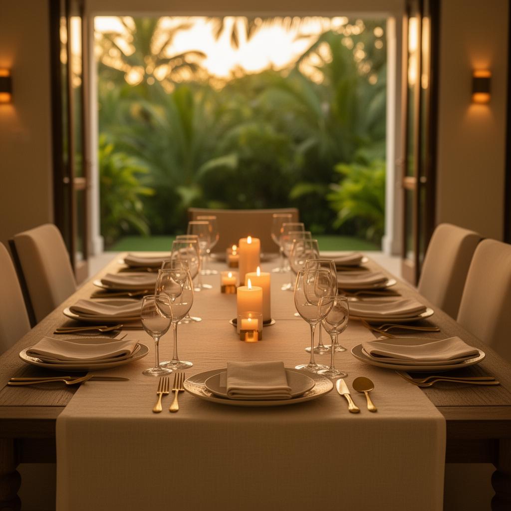 A relaxed long-table villa dinner set for several at golden hour, warm candlelight glowing on cream linen, brass cutlery and glassware, tropical greenery softly blurred behind.