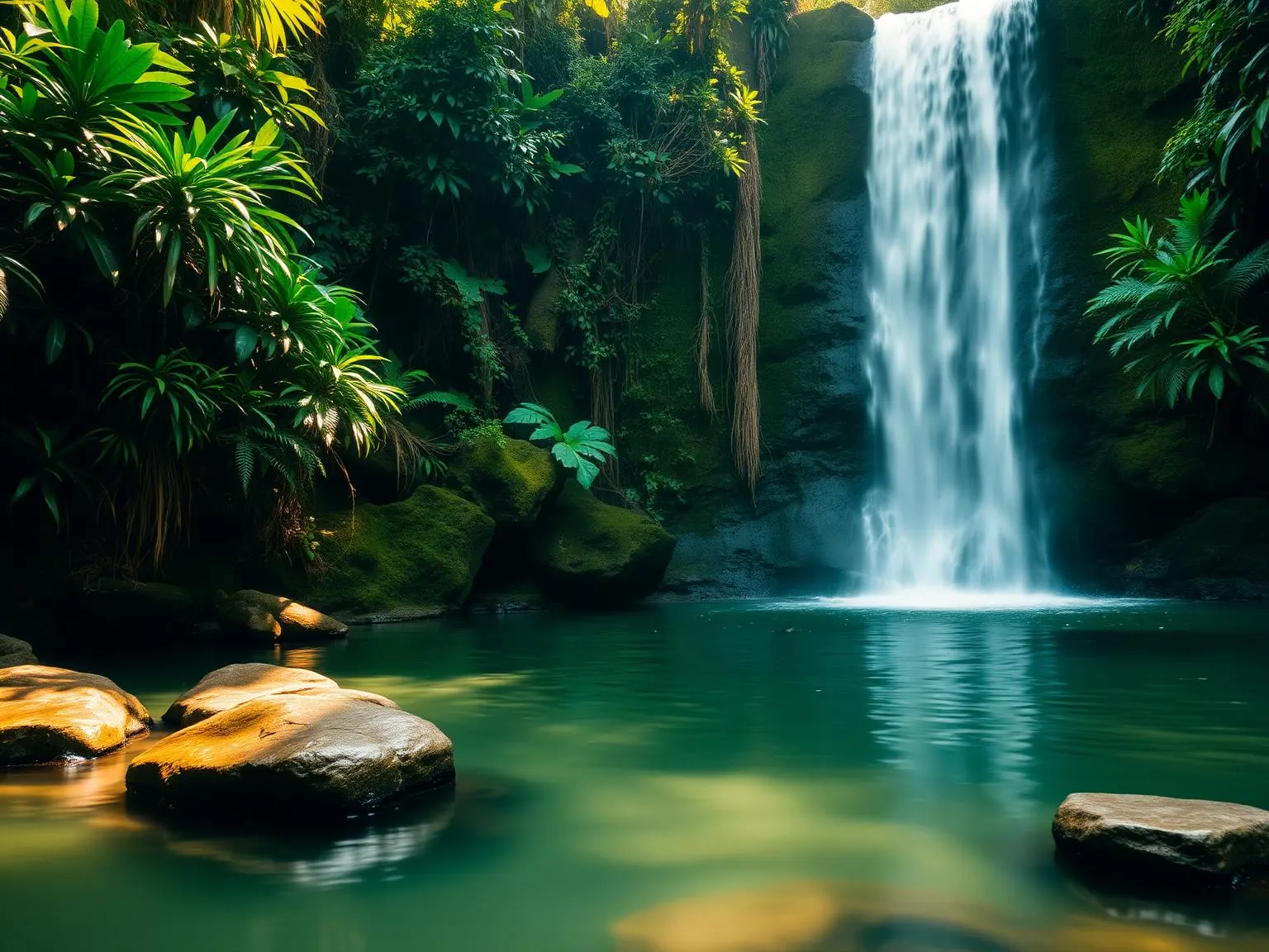 A serene Balinese jungle waterfall cascading into a calm emerald pool, surrounded by mossy stones and lush tropical foliage in soft golden light.