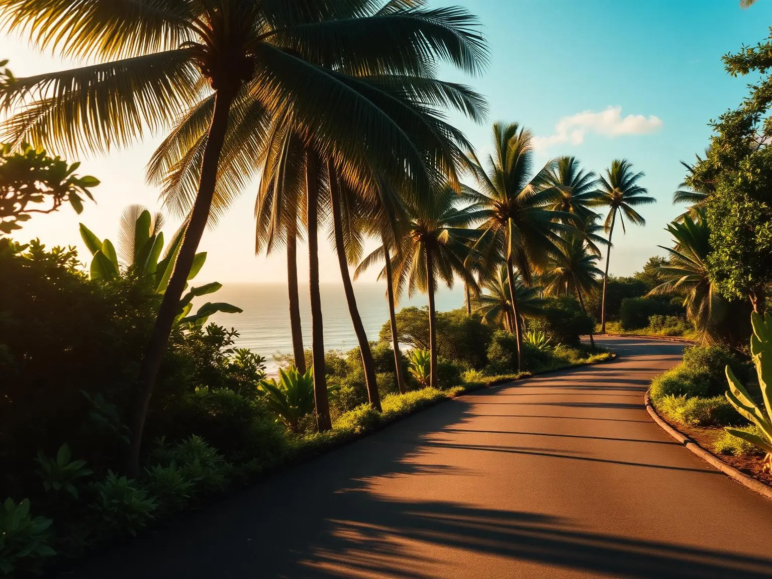 A quiet open Balinese coastal road winding through lush tropical greenery and palm trees at golden hour, with a glimpse of the ocean in the distance.