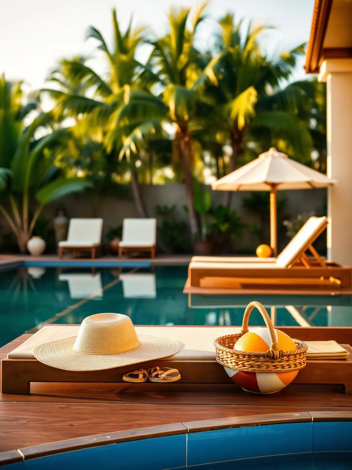 A relaxed Balinese family villa scene at golden hour: a private pool and teak terrace with cream loungers, a child's woven sun hat, small sandals and a wicker basket of tropical fruit, palms behind.