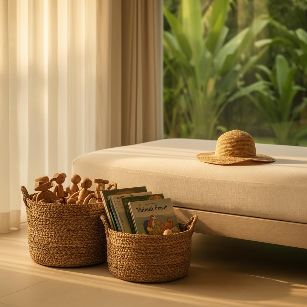 A calm villa scene with woven rattan baskets of natural wooden toys and picture books, a small straw sun hat resting on a cream linen daybed in soft tropical morning light.