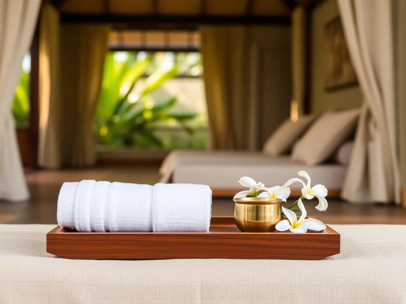A cool rolled white cotton towel and a small brass cup of welcome jamu tea on a teak tray inside a soft Balinese villa interior at daylight, frangipani flowers beside.