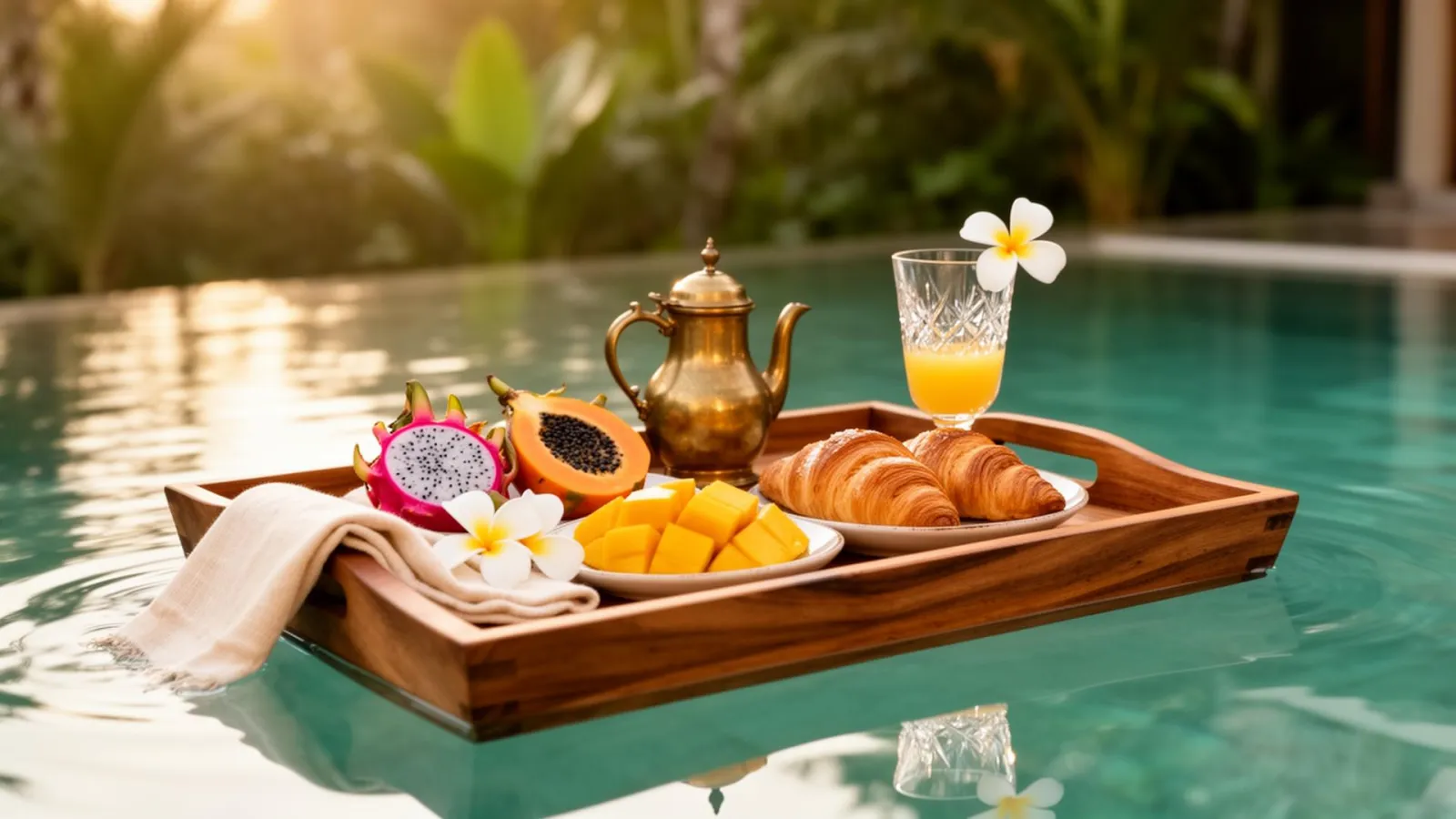 A styled floating breakfast on a teak tray in a calm villa pool at morning light, with tropical fruit, pastries, brass coffee pot and frangipani.