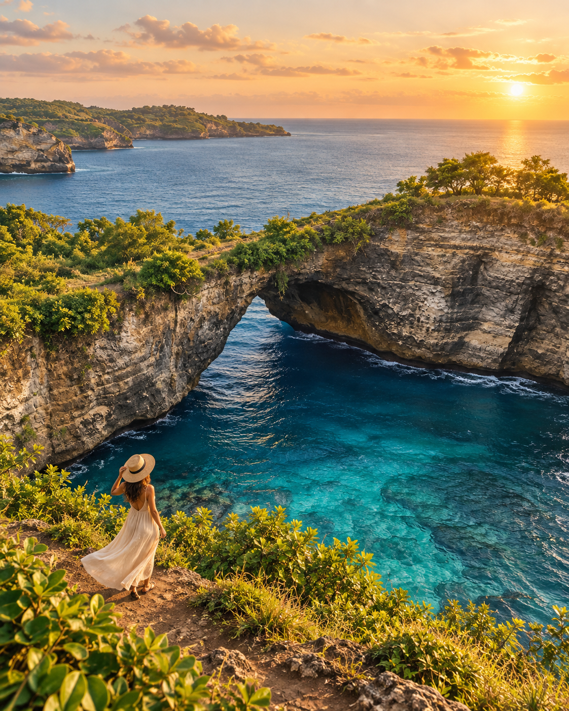 A woman in a sun hat looking down at the natural rock arch of Broken Beach, Nusa Penida, at golden hour