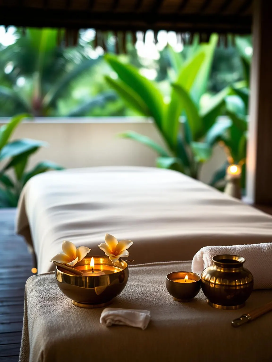 A serene in-villa wellness setting at dusk: a cream linen-draped massage bed, brass bowls of warm oils with frangipani flowers and a small candle, tropical greenery softly blurred behind.