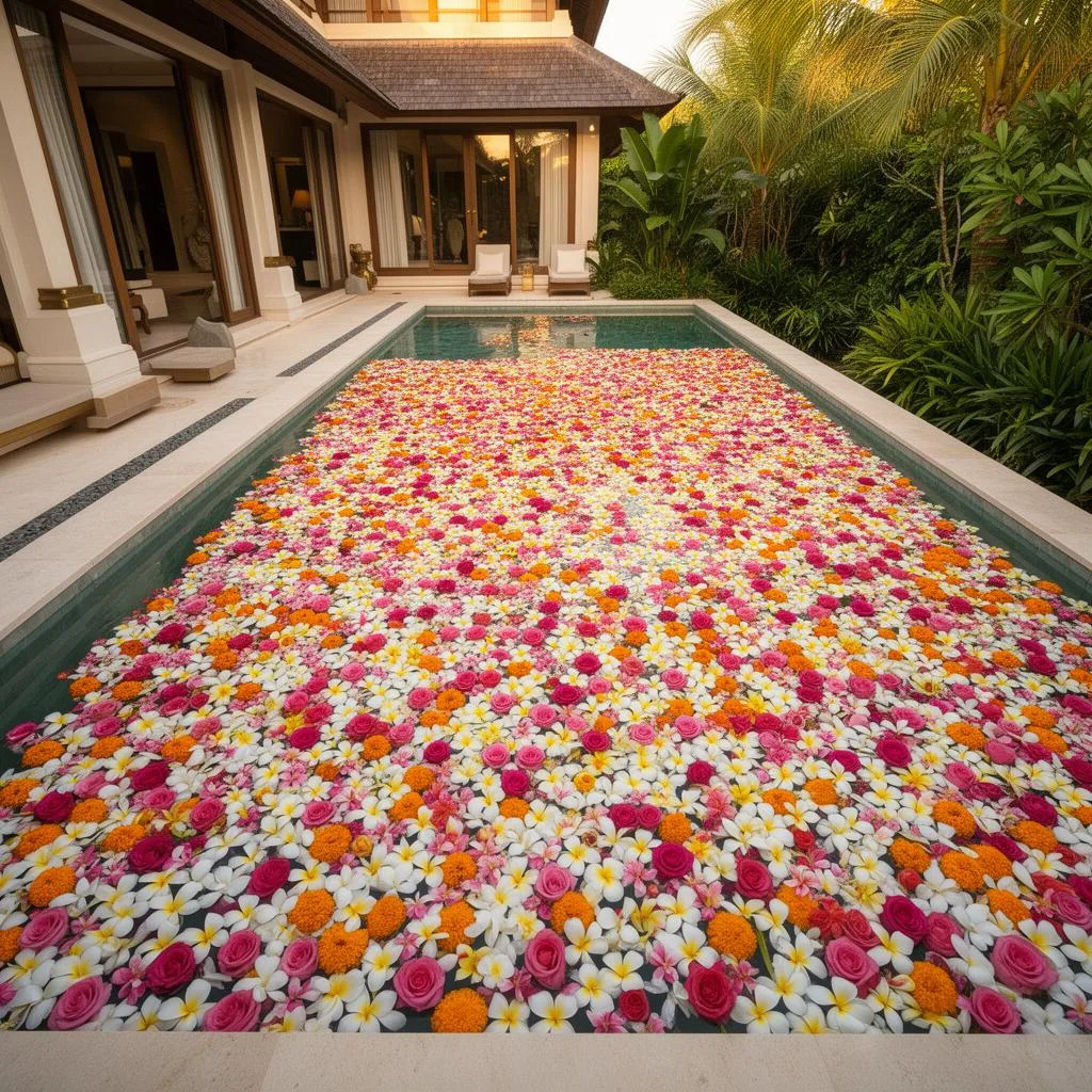 A luxury Balinese villa pool entirely covered in a lush arrangement of fresh frangipani, rose and marigold petals, viewed from an elegant elevated angle in soft golden-hour light.