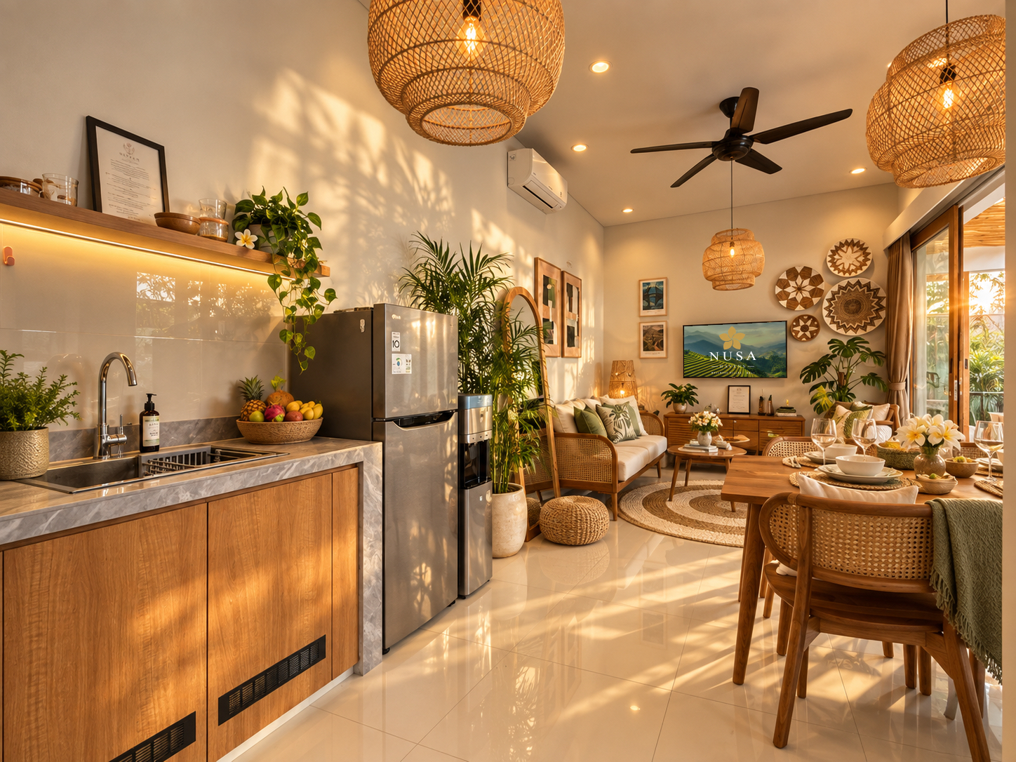 Fully equipped kitchen and dining area at Villa Kenanga, Babakan, Canggu, opening to the living space and pool terrace beyond