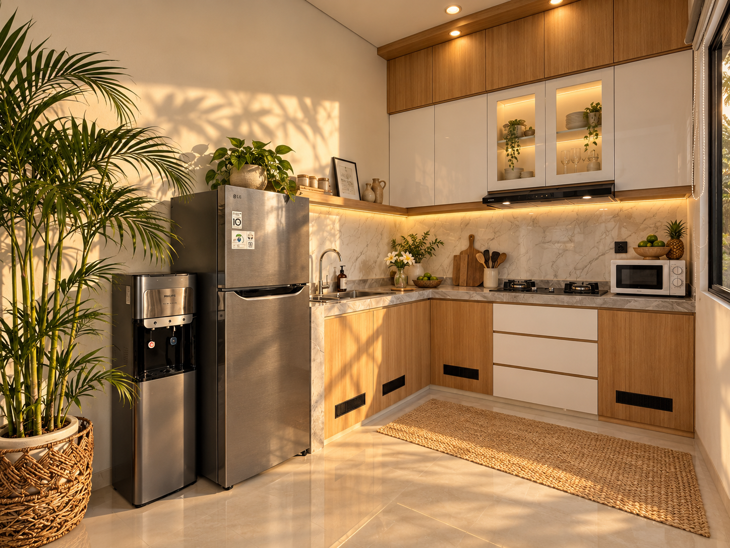 Fully equipped kitchen with gas stove, fridge-freezer and microwave at Villa Cempaka in Babakan, Canggu