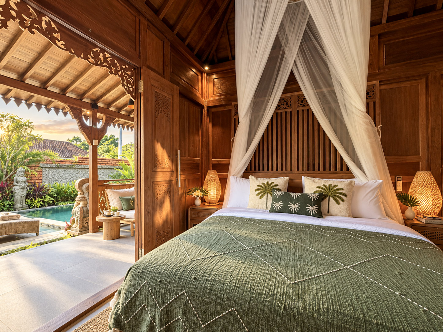 King bedroom with draped canopy and carved teak walls opening to the pool at Villa Lotus in Sayan, Ubud