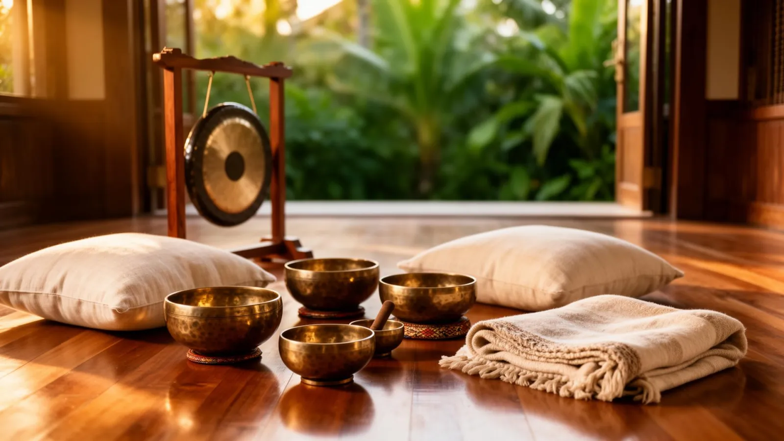 Balinese bronze singing bowls, a small gong and cream linen cushions arranged on a polished teak villa floor in warm natural light.