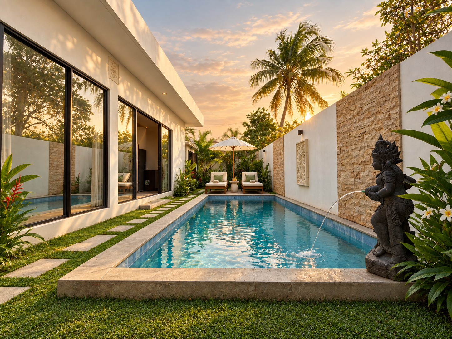 Private pool with water feature and tropical garden at Villa Jasmine in Babakan, Canggu