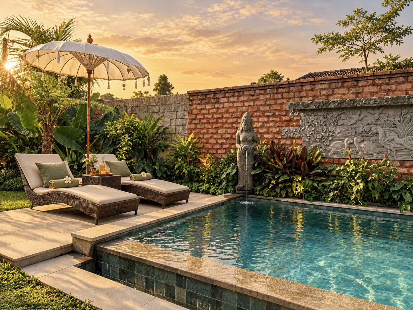 Private swimming pool, twin loungers and Balinese parasol in the enclosed garden at Villa Lotus in Sayan, Ubud
