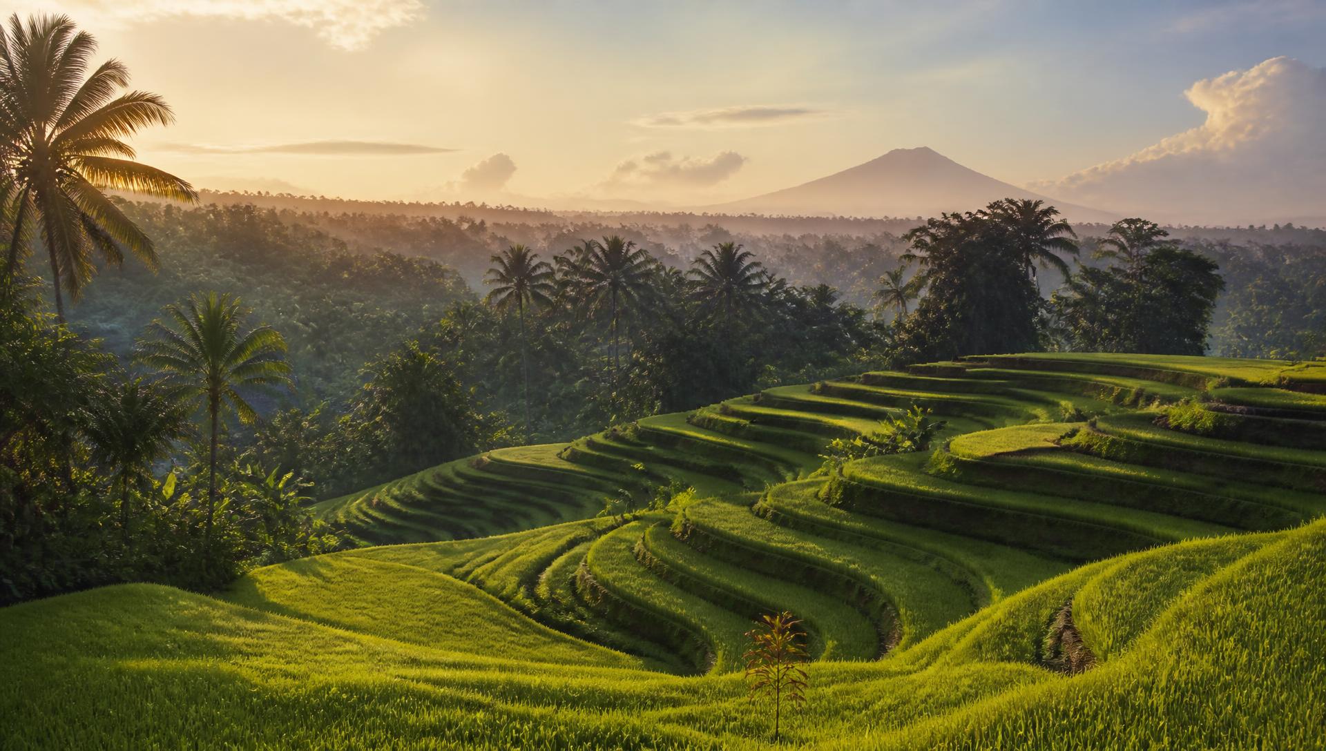 Balinese rice terraces and palm canopy at soft golden light