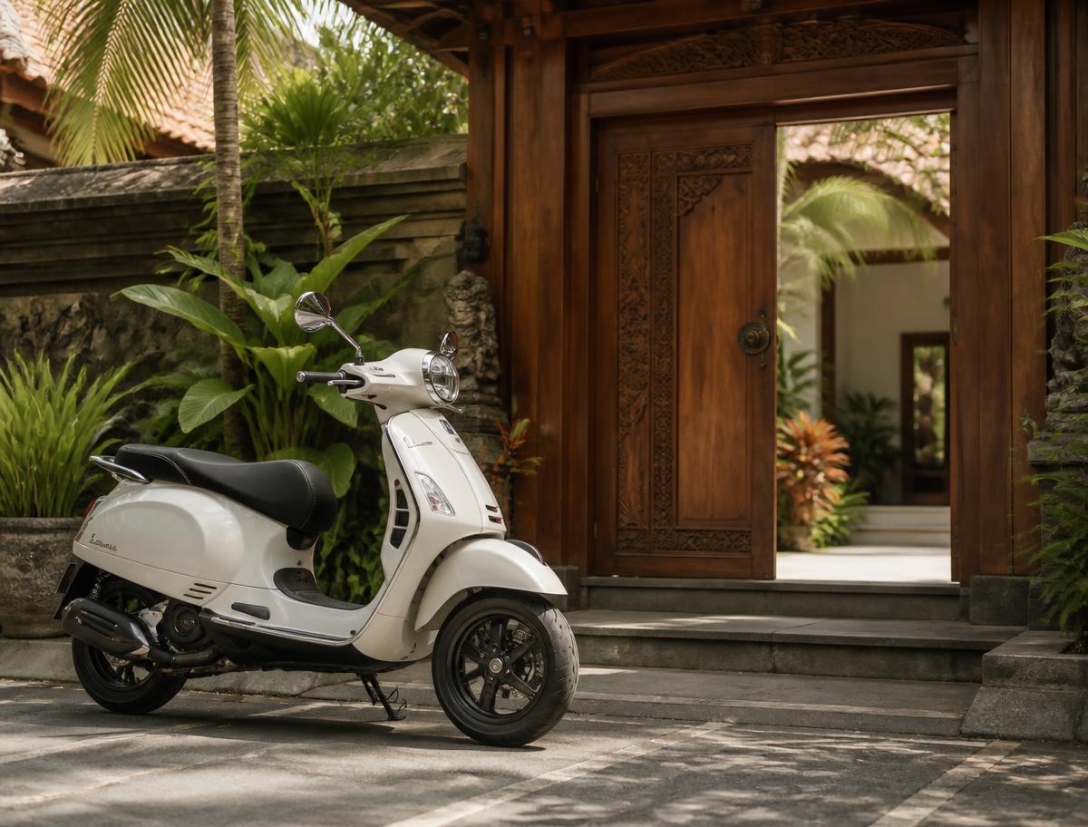 A clean scooter parked outside a wooden Balinese villa gate